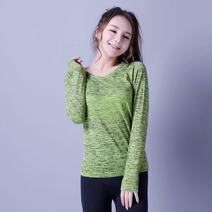 Casual sportswear, seamless sports shirt, green & black, knitwear, Long sleeve, XLLS009, woman T-shirts